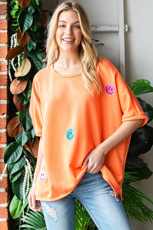 Neon Top with Slits and Sequin Smiley Patches