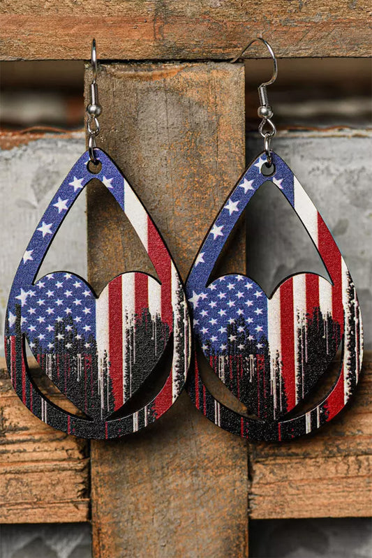 Multicolor American Flag Heart Hollow Out Water Drop Earrings