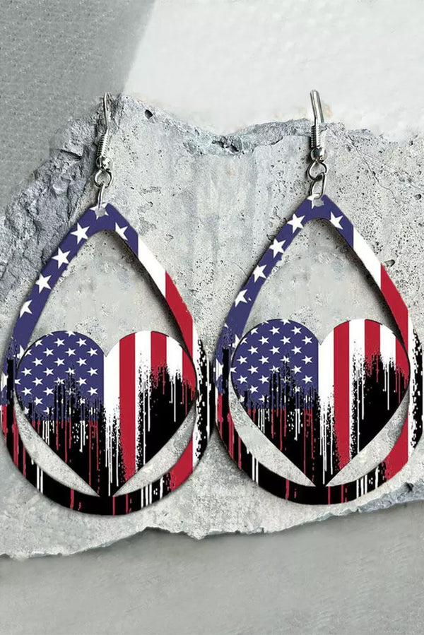 Multicolor American Flag Heart Hollow Out Water Drop Earrings