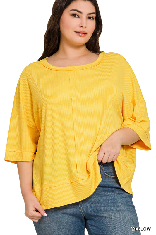 Plus Ribbed Boat Neck Dolman Sleeve Top with Front Seam