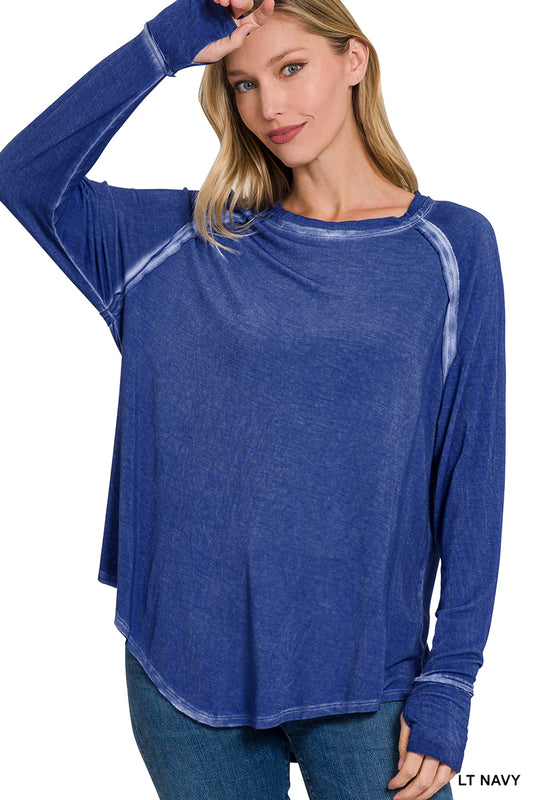 Washed Thumb Hole Cuffs Scoop-Neck Long Sleeve Top