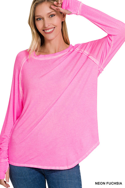Washed Thumb Hole Cuffs Scoop-Neck Long Sleeve Top