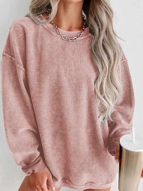 Ribbed Knit Round Neck Pullover Sweatshirt