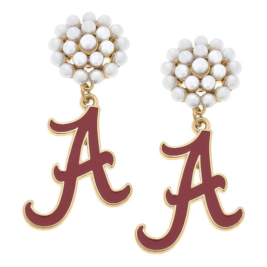 University of Alabama Logo Enamel Pearl Cluster Earrings in