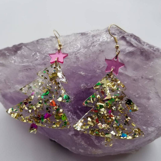 Gold Confetti Christmas Tree Earrings