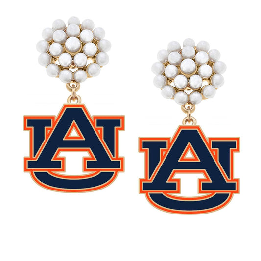 Auburn Logo Pearl Cluster Enamel Drop Earrings in Burnt Orange